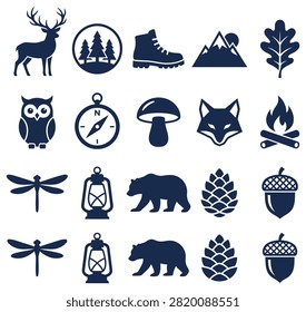 Collection of camping and hiking icons featuring deer owl forest elements and outdoor gear for nature lovers and adventurers.