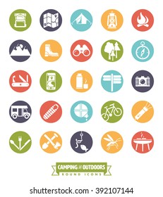 Collection of camping, hiking and outdoor pursuits vector icons in colored circles. Set of 25 round color symbols