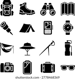 Collection of camping hiking and travel essentials icons featuring backpacks boots binoculars and more