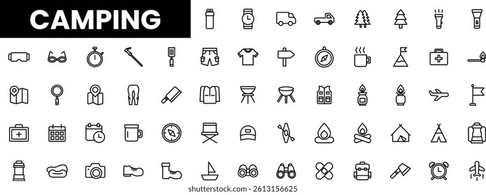 A collection of camping icons including gear, tools, and nature elements.
