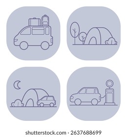 Collection of camping icons including vehicle with luggage, tents among trees, night scene with tent, and car near gas station. Perfect for outdoor-themed designs