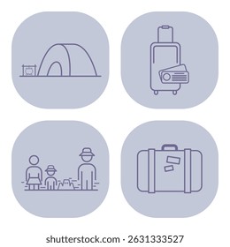 Collection of camping icons showcasing tent, suitcase, children playing in sand, and travel bag. Family trips, outdoor fun, and travel necessities concept