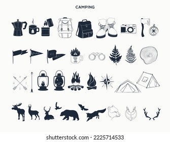 Collection of Camping Icons, Symbols, Elements with wild animals, travel equipment, clothes for hiking. Perfect for create logotype. Minimalistic one line design. Editable Vector Illustration.