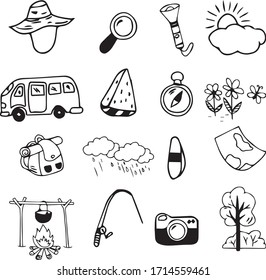 Una colección de ilustraciones de camping adecuadas para cualquier contenido de actividad de camping con dibujos animados o estilo de doodle