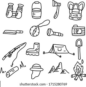 Una colección de ilustraciones de camping aptas para cualquier tipo de camping, contenido al aire libre o de aventura con estilo de doodle o caricatura