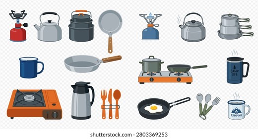 A collection of camping kitchenware, including portable stoves, kettles, pots, pans, mugs, and utensils, essential for outdoor cooking.