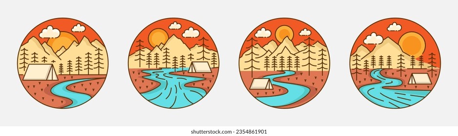 Collection of camping and mountain illustration with monoline or line art style, design can be for t-shirts, sticker, printing needs