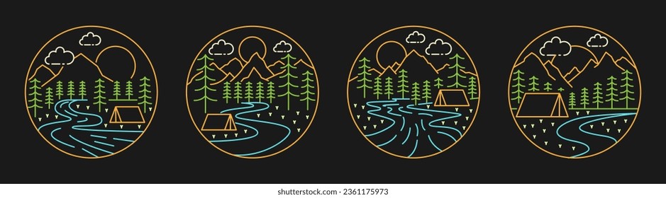 Collection of camping and mountain illustration with monoline or line art style black background, design can be for t-shirts, sticker, printing needs