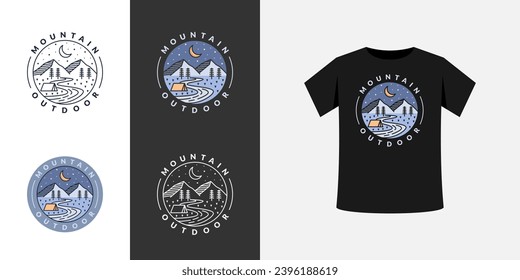 Collection of camping and mountain illustration with monoline or line art style, design can be for t-shirts, wrapping paper, printing needs