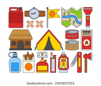 A collection of camping and outdoor activity icons, including a tent, campfire essentials, food cans, a lantern, and survival tools. Ideal for adventure, camping, or travel-themed projects.