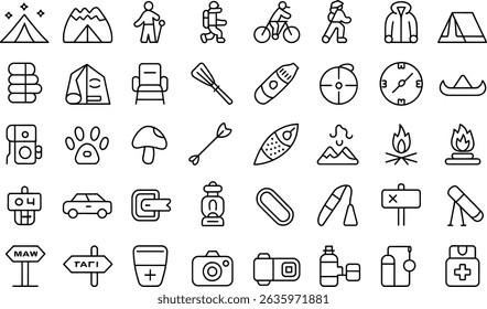 Collection of camping and outdoor adventure icons in minimalist black and white outlines