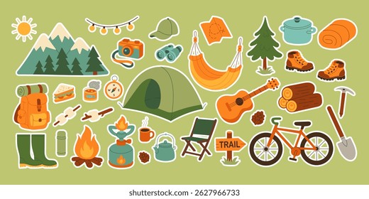 A collection of camping and outdoor gear, including a tent, a backpack, a bicycle, a guitar, and a compass