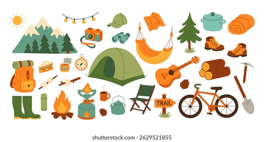 A collection of camping and outdoor gear, including a tent, a backpack, a bicycle, a guitar, a compass, a cup, a knife, a spoon, a bowl, a bottle, a hat, a pair of shoes, and a pair