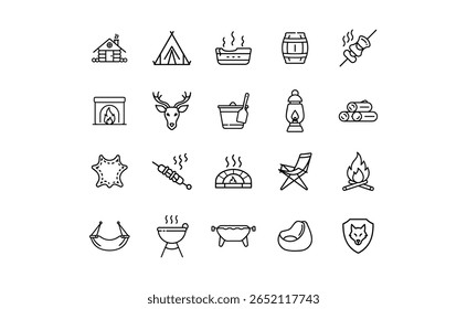 Collection of camping and outdoor recreation icons in line style, including cabin, tent, fireplace, deer, and cooking equipment.