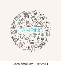 Collection of camping outline icons in light background. Tourism and hiking objects in circle.