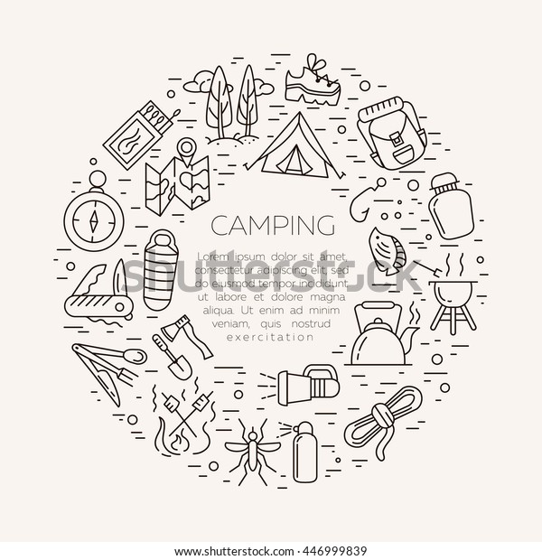 Collection of camping outline icons in\
light background. Tourism and hiking objects in\
circle.
