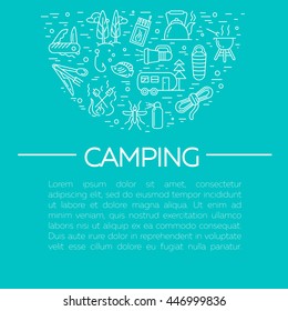 Collection of camping outline icons with place for text. Tourism and hiking objects set.