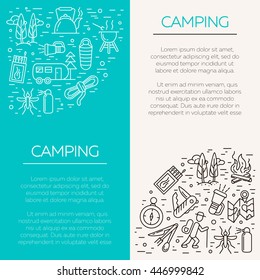 Collection of camping outline icons with place for text. Tourism and hiking objects set.