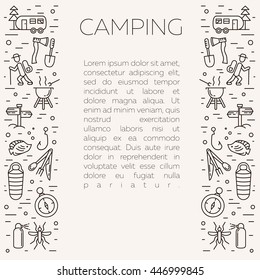 Collection of camping outline icons with place for text. Tourism and hiking objects set.