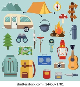 The collection of camping pack set for go to the forest picnic trip in flat vector style. Graphic resource about camping for graphic,content , banner, sticker label and greeting card.