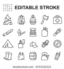 Collection of camping related icons. Vector thin line style. Contains icons related to camping equipment, camping tent, knife, shoes, compass and many more.