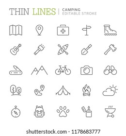 Collection of camping related line icons. Editable stroke