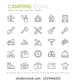 Collection of camping related line icons. 48x48 Pixel Perfect. Editable stroke