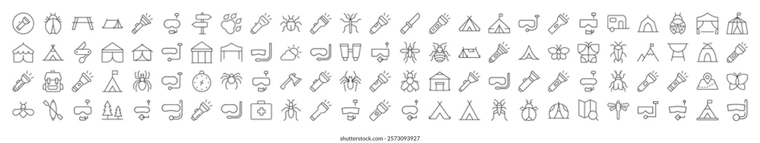 Collection of Camping Related Line Icons. Editable Stroke for Design, Web Sites, Apps, Cards. Contains Linear Images of Flashlight, Diving Mask, Tent, Axe, Insect