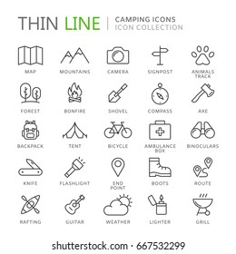 Collection of camping thin line icons