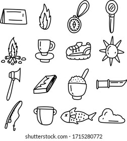 A Collection of camping utilities suitable for any camping, outdoor and adventure content with doodle or cartoon style