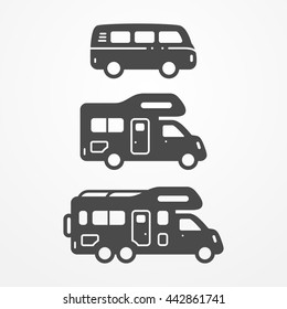 Collection of camping van icons. Travel van symbols in silhouette style. Camping vans vector stock illustration. Vans and RVs with camping equipment.