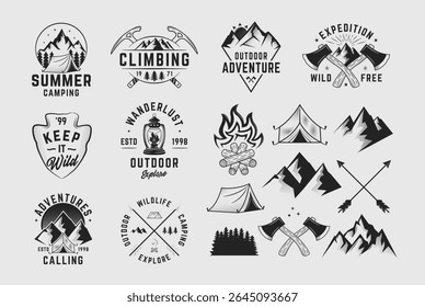 Collection of Camping, Wanderlust, Outdoor logos, emblems, labels, badges. Set of 8 logo templates and 9 design elements for logo, poster, flyer, banner design. Print for t-shirt. Vector templates