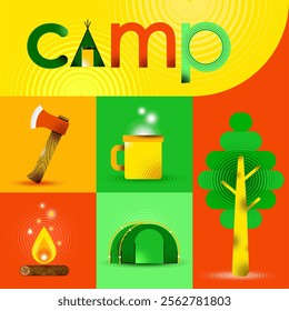 Collection of camping-themed illustrations including tent, fire, axe, cup, and tree, representing essentials for outdoor adventure. Concept of camping, travel, vacation, holiday