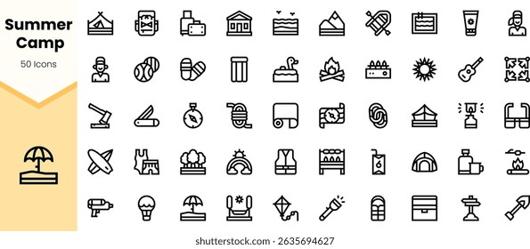 A collection of camp-themed icons including tents, campfires, guitars, and outdoor activities, perfect for summer camp illustrations and designs.