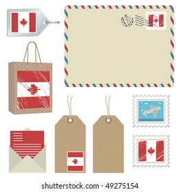 collection of canada postage items, bag and key fob