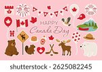 A collection of Canadian flags, maple leaves, and other Canadian icons are displayed on a pink background. The image is titled "Happy Canada Day" and features a variety of Canadian animals
