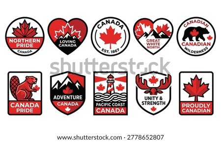 Collection of Canadian-themed logos and badges featuring maple leaves, mountains, and wildlife, expressing national pride and unity