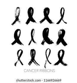 Collection of cancer ribbons. Cancer awareness month. Hand drawn brush elements. Isolated on white background. 