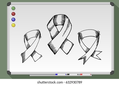 Collection of cancer ribbons on whiteboard. Hand drawn vector stock illustration