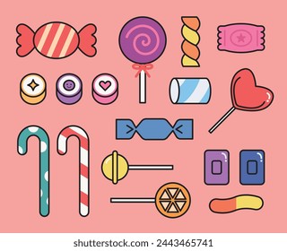 Collection of candies and sweet treats. outlined vector illustration. 