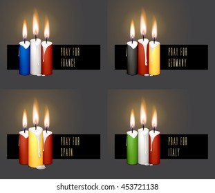 Collection of candle flags for remembering day. Burning candles in colors of flag isolated on black background. Pray for  France, Germany, Italy, Spain