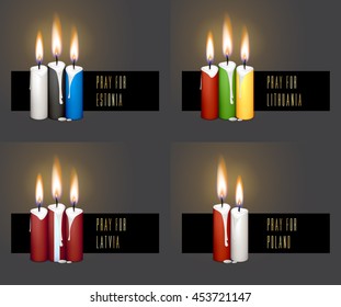 Collection of candle flags for remembering day. Burning candles in colors of flag isolated on black background. Pray for Estonia, Lithuania, Latvia, Poland