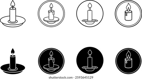 A collection of candle vector icons in both outline and silhouette styles. The design includes black and white illustrations of burning candles on plates.