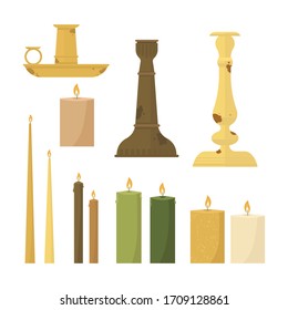 Collection of candles in candlesticks on a white background. Cartoon style. Vector illustration.