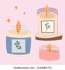 a collection of candles of different shapes and sizes, candles in a jar, aromatherapy, lighted candles in a calm flat style are hand-drawn. Cozy hygge atmosphere