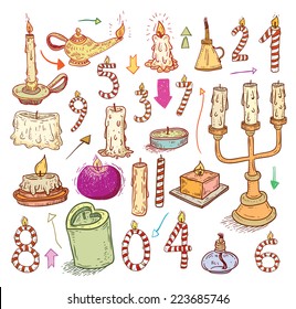  collection of candles, candles icons,  drawn vector illustration.