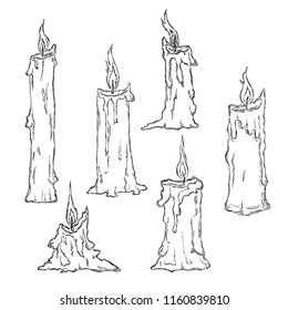 Collection of candles on a white background. Hand drawing, sketch