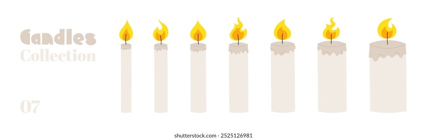 Collection of candles of varying thickness, each lit with a different shapes and sizes of flame. Candles in soft tones drawn by hand. Can be us for decor, holiday, or spiritual themes.