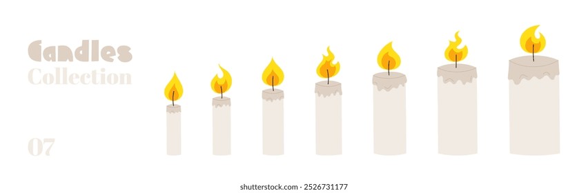 Collection of candles of varying thickness and height, each lit with a different shapes and sizes of flame. Candles in soft tones drawn by hand. Can be us for decor, holiday, or spiritual themes. 