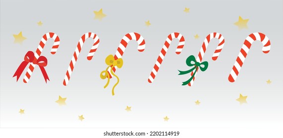 Collection of candy canes for christmas and new year. Candy set of different shapes with bows. Popular isolated desserts, sweets for children and adults. Hand drawn food for christmas and new year